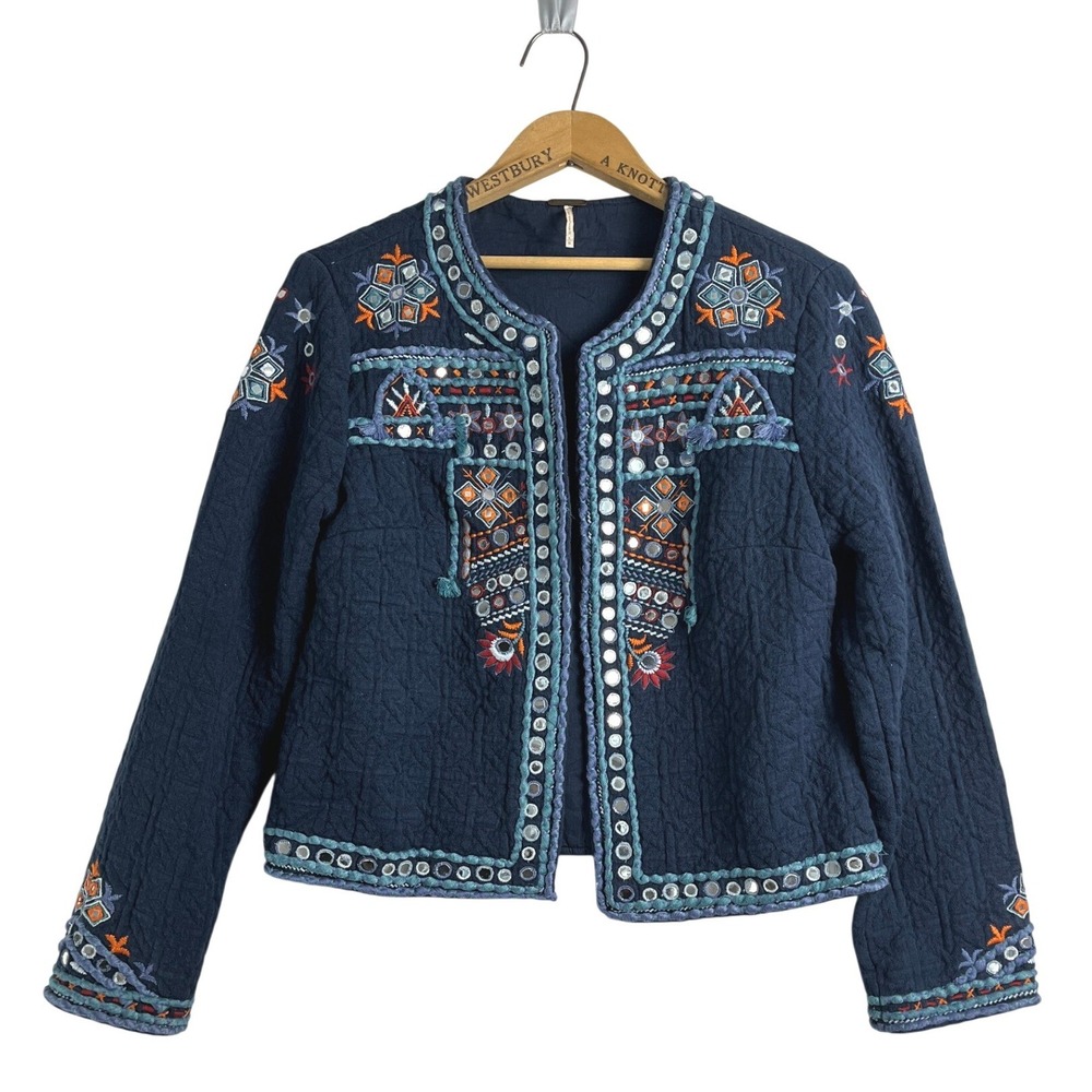 Temperance Navy Blue Embroidered Mirror Work Quilted Boho Jacket L - Picture 2 of 12